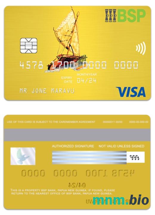 Papua New Guinea BSP Bank visa złoto karta przykład w formacie PSD